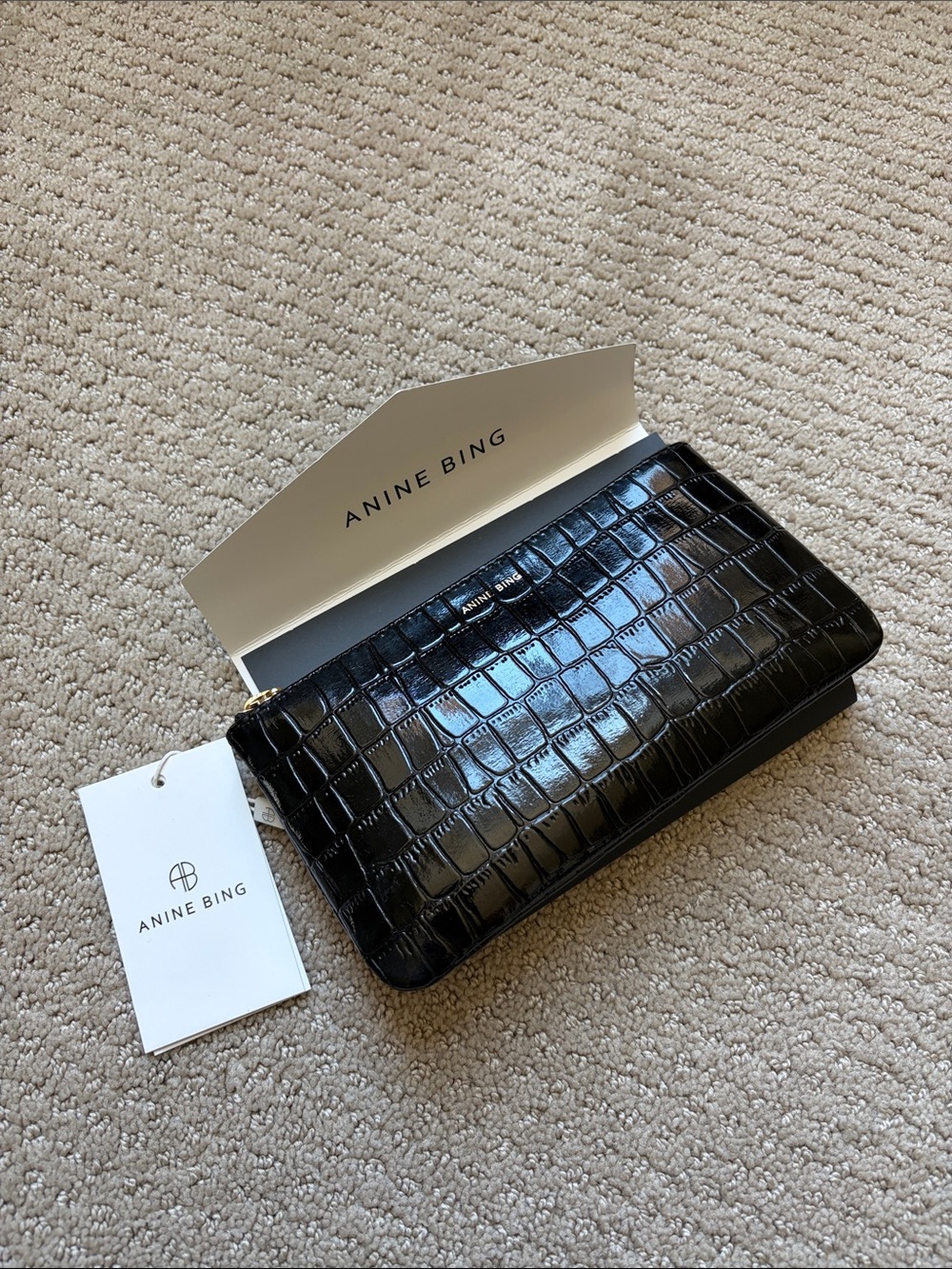 Anine Bing Black Croc-Embossed Zip Wallet